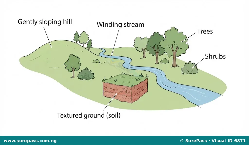 A simple sketch of a landscape with a labelled hill, stream, trees, and soil.