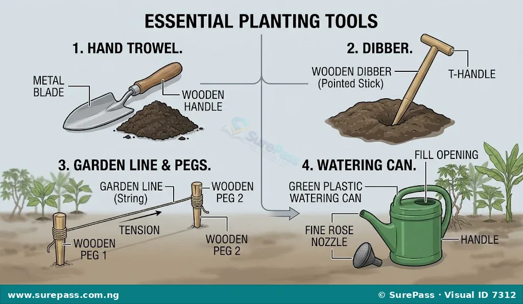 A collection of planting tools including a hand trowel, dibber, garden line, and watering can.