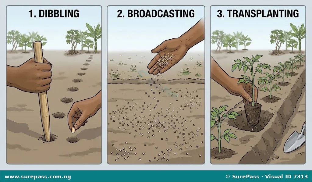 A comparison diagram showing the processes of dibbling, broadcasting, and transplanting.