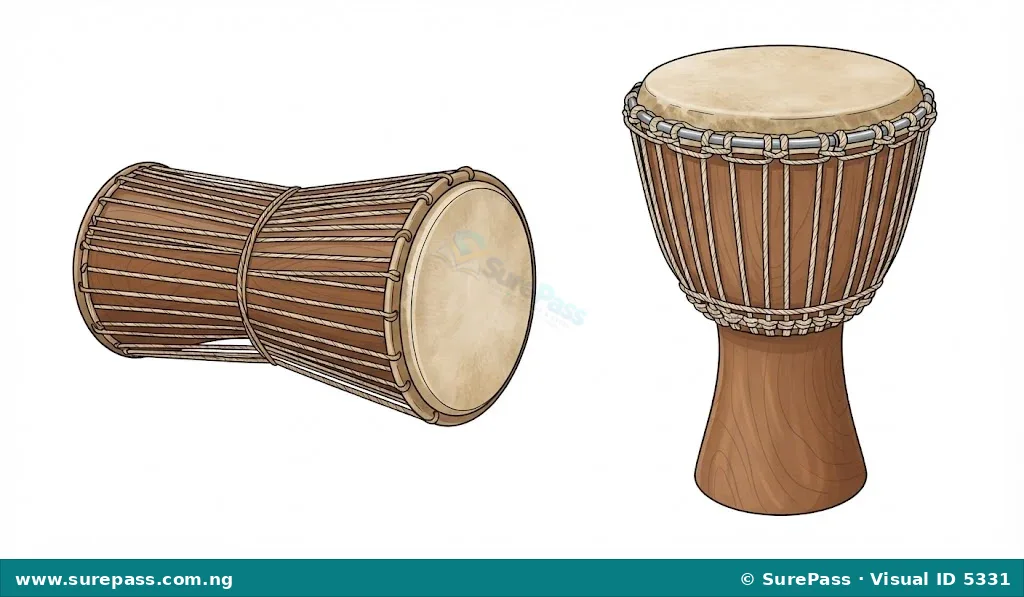 Illustrations of a Nigerian talking drum (gangan) and a djembe drum, both showing stretched membranes.