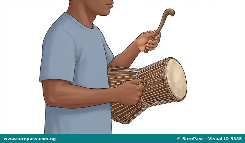 A person's hands demonstrating how to play a talking drum by squeezing its strings and striking the drumhead with a beater.
