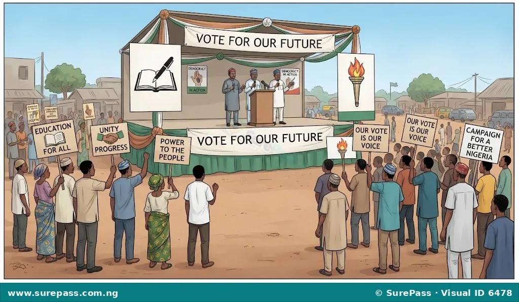 Illustration of a political campaign rally with banners and supporters.