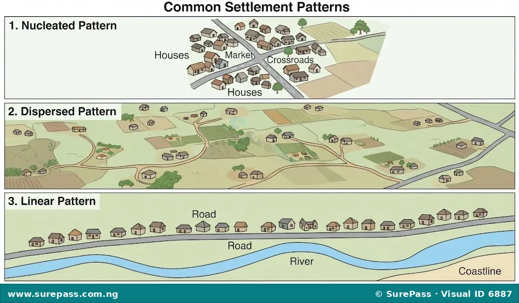 Diagram illustrating nucleated, dispersed, and linear settlement patterns.