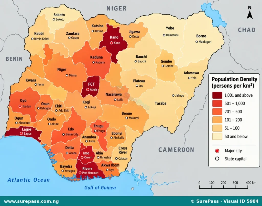 A map of Nigeria showing population density, with darker areas indicating higher population and lighter areas indicating lower population.
