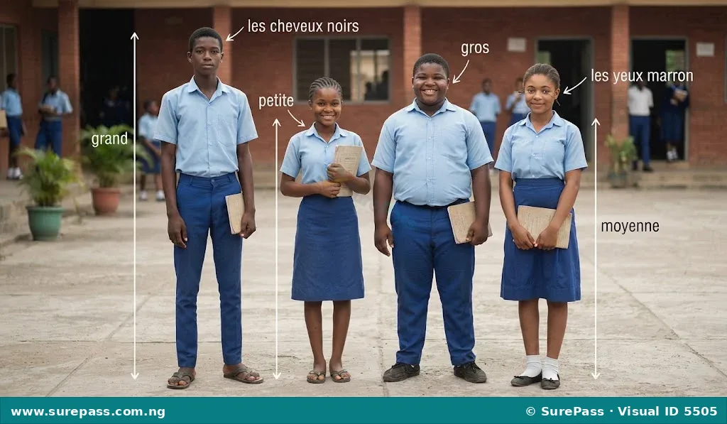 Four Nigerian junior secondary school students showing different physical characteristics like height, build, and hair.