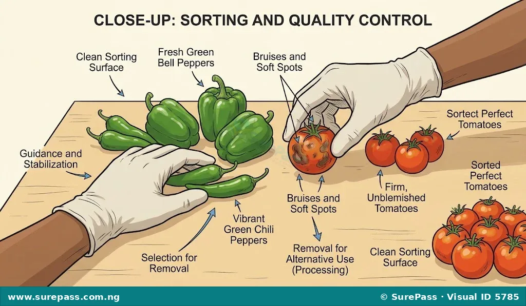 Hands sorting fresh tomatoes and green peppers, removing a bruised tomato.