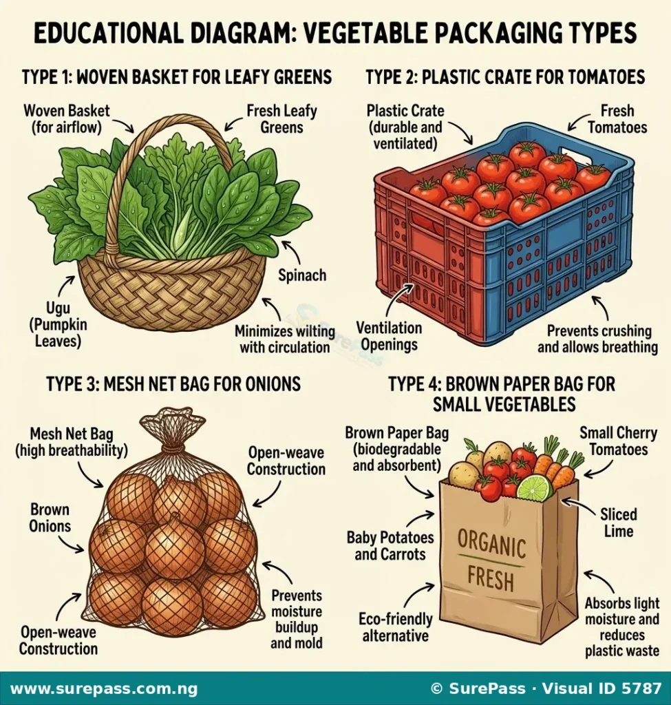 Different vegetables packaged in a basket, plastic crate, mesh net bag, and paper bag.
