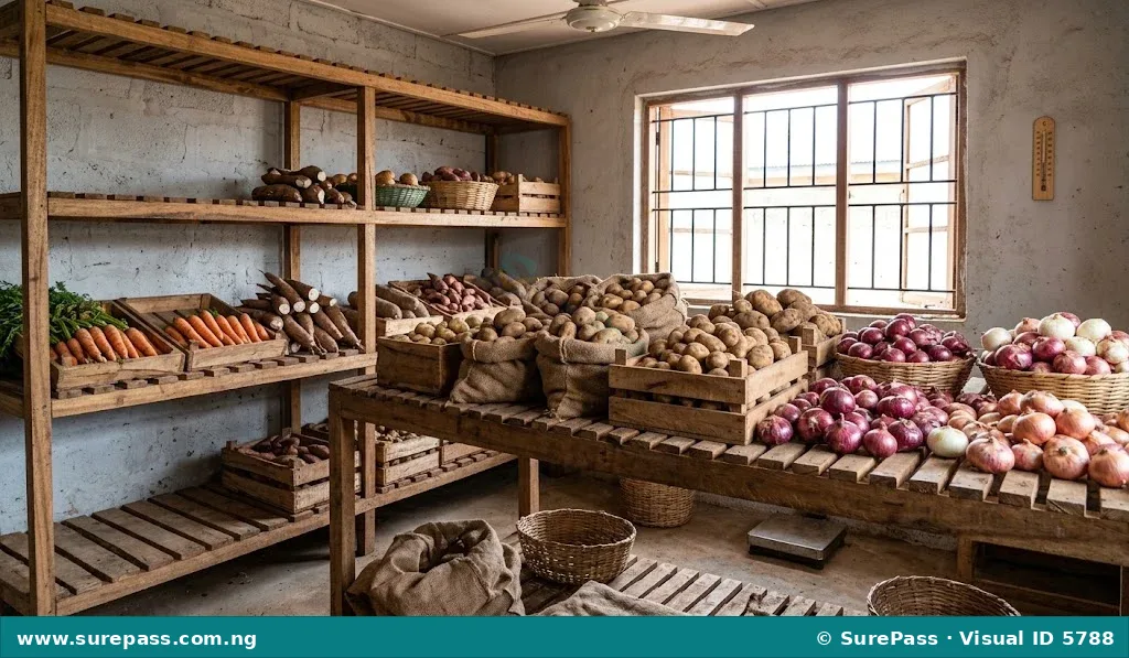 Vegetables like potatoes, onions, and carrots stored on wooden shelves in a cool, well-ventilated room.
