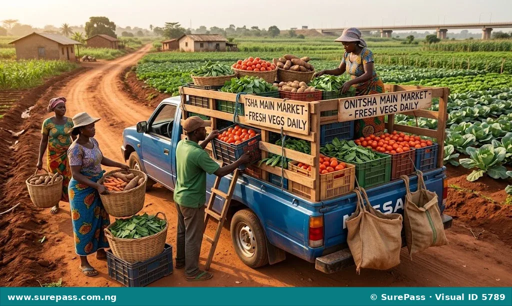 Crates of fresh vegetables being loaded onto a small truck for transport to the market.