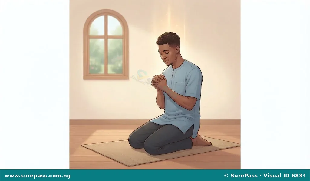 A person kneeling in prayer, hands clasped, in a peaceful setting.