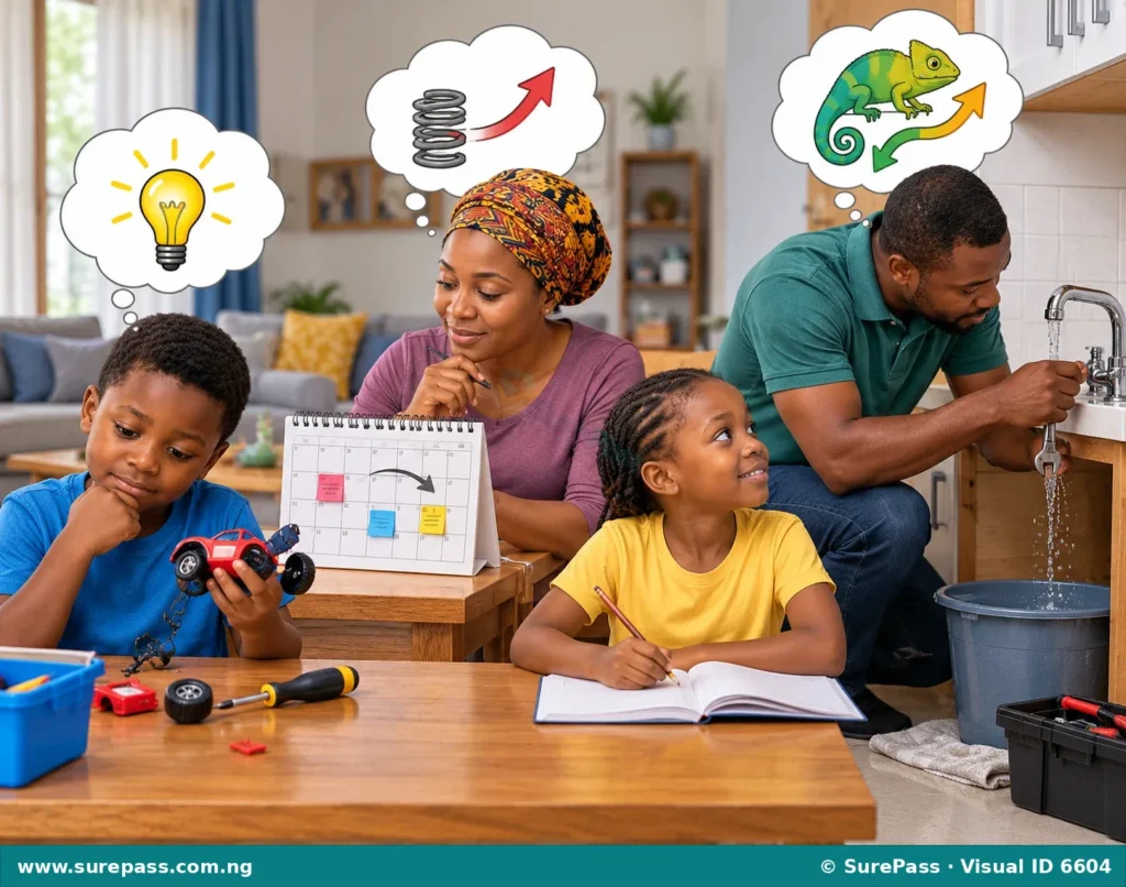 Illustration showing a family calmly addressing small household issues, with icons representing problem-solving, resilience, and adaptability.