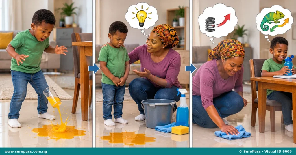 A three-panel sequence showing a parent using problem-solving, resilience, and adaptability to clean up a spilled drink and adjust activities.