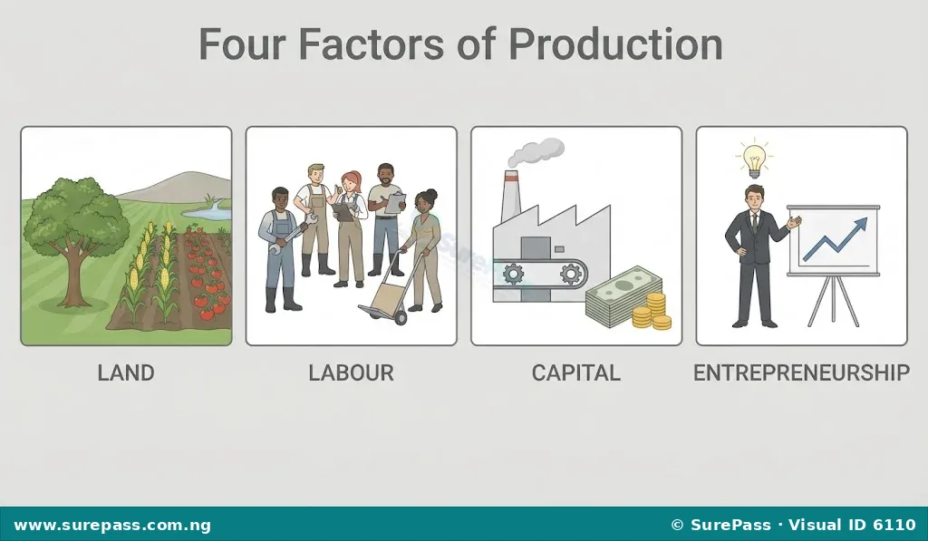 Diagram showing the four factors of production: Land (farm), Labour (workers), Capital (factory and money), and Entrepreneurship (person with an idea).