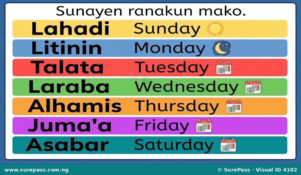 A chart listing the days of the week in Hausa and English.