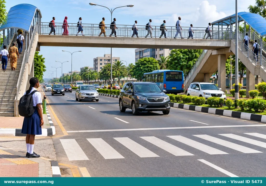 A safe road crossing scene in a Nigerian city showing a pedestrian bridge and orderly traffic.