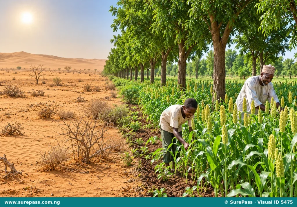 A split landscape showing dry desert sand on one side and a lush green belt of neem trees protecting a fertile millet farm on the other.