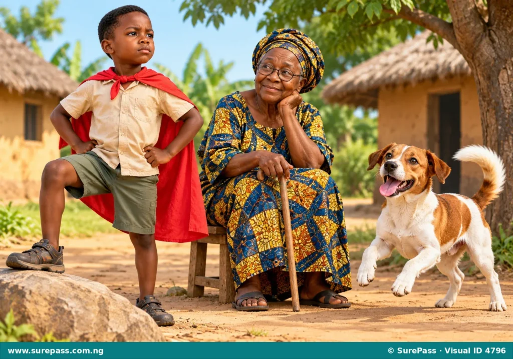 Illustration of a brave boy, a wise old woman, and a playful dog, representing characters in a story.