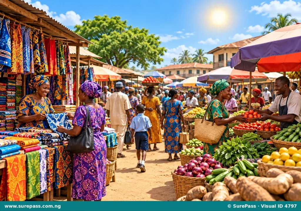 Illustration of a bustling Nigerian market during the day, showing the setting of a story.