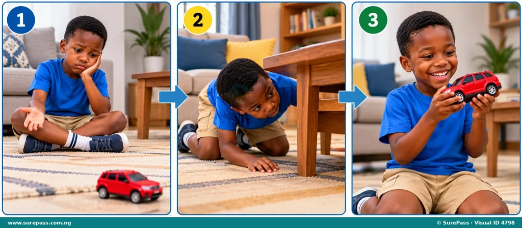 Three-panel sequence showing a child losing a toy, searching for it, and then finding it, illustrating a simple plot.