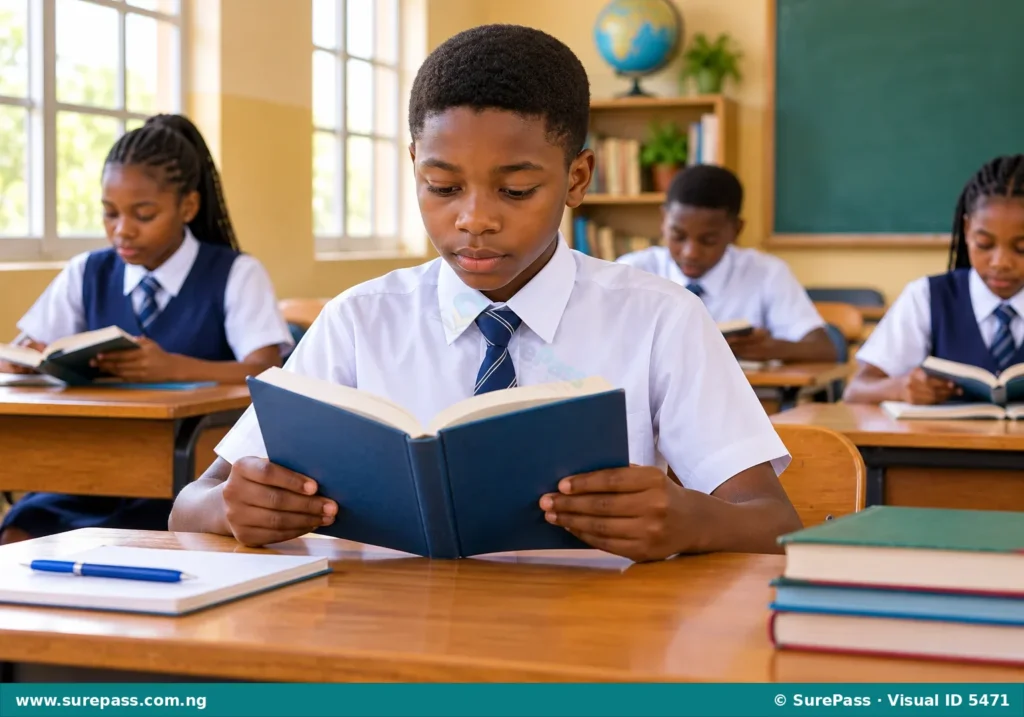 A student practicing good reading habits in a classroom.