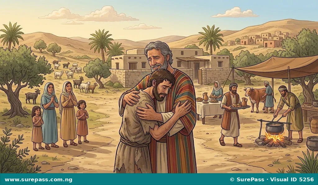 The father embracing his prodigal son, who has returned home, showing forgiveness and reconciliation.