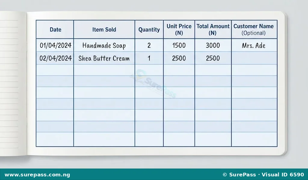 A page from a Sales Record Book showing columns for Date, Item Sold, Quantity, Unit Price, Total Amount, and Customer Name, with example entries.