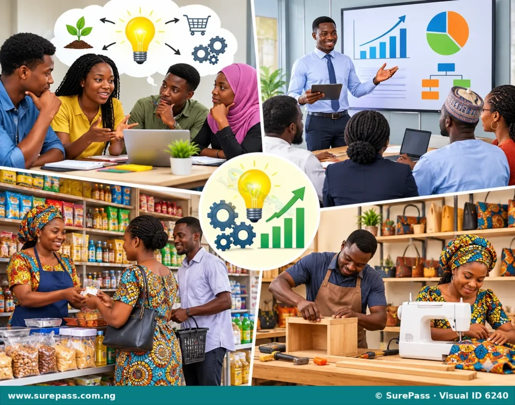 An illustration showing different entrepreneurial activities like brainstorming, presenting a business plan, and a small business serving customers, with symbols of innovation.