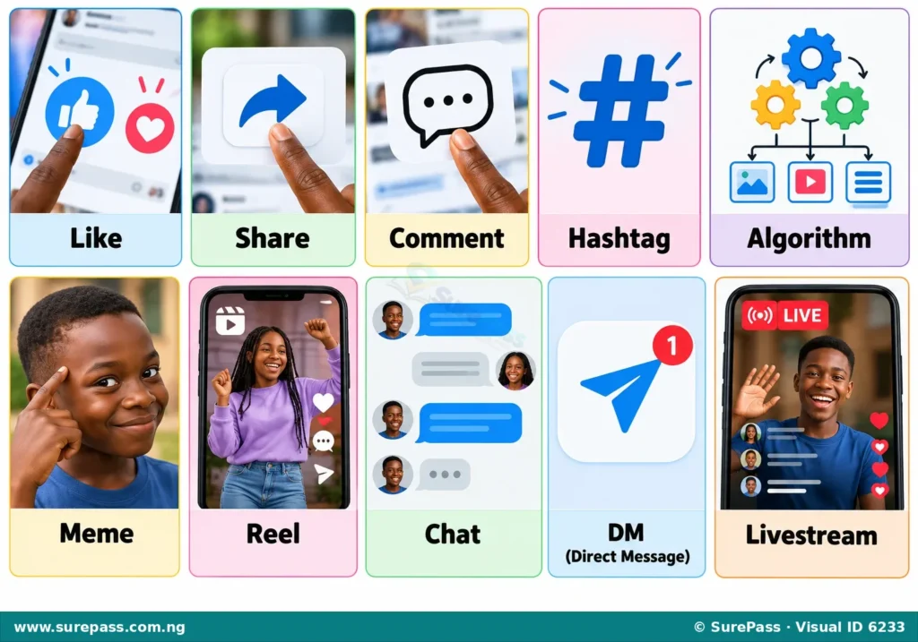 Visual representation of common social media terms like like, share, comment, hashtag, algorithm, meme, reel, chat, DM, and livestream.