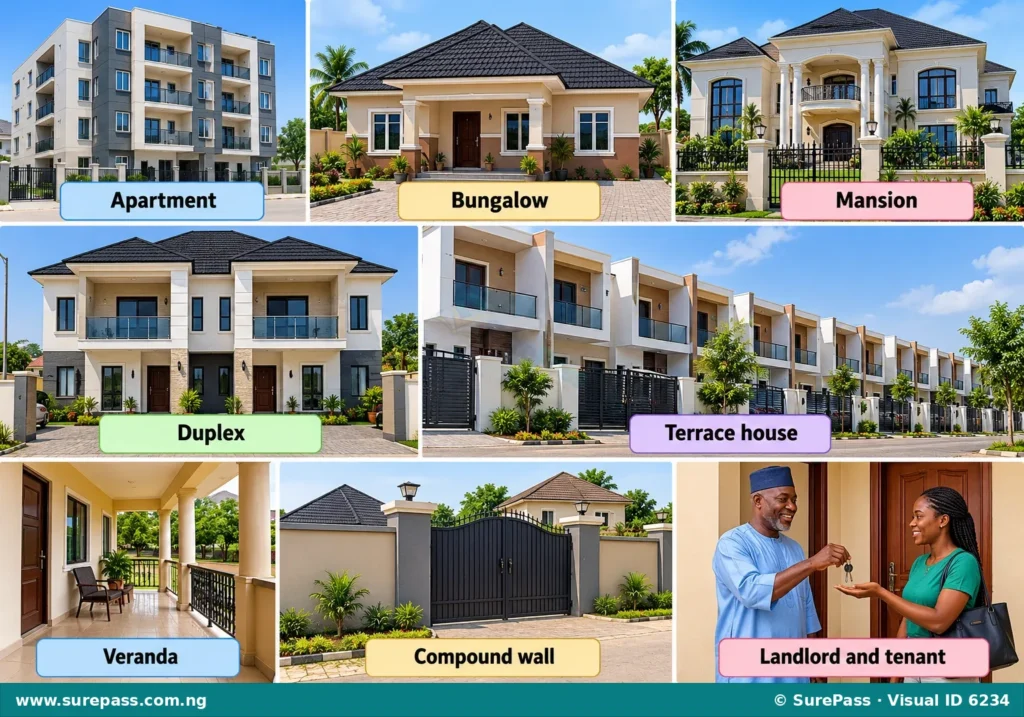 Illustration showing different types of houses like apartment, bungalow, mansion, duplex, terrace house, and a landlord with a tenant.