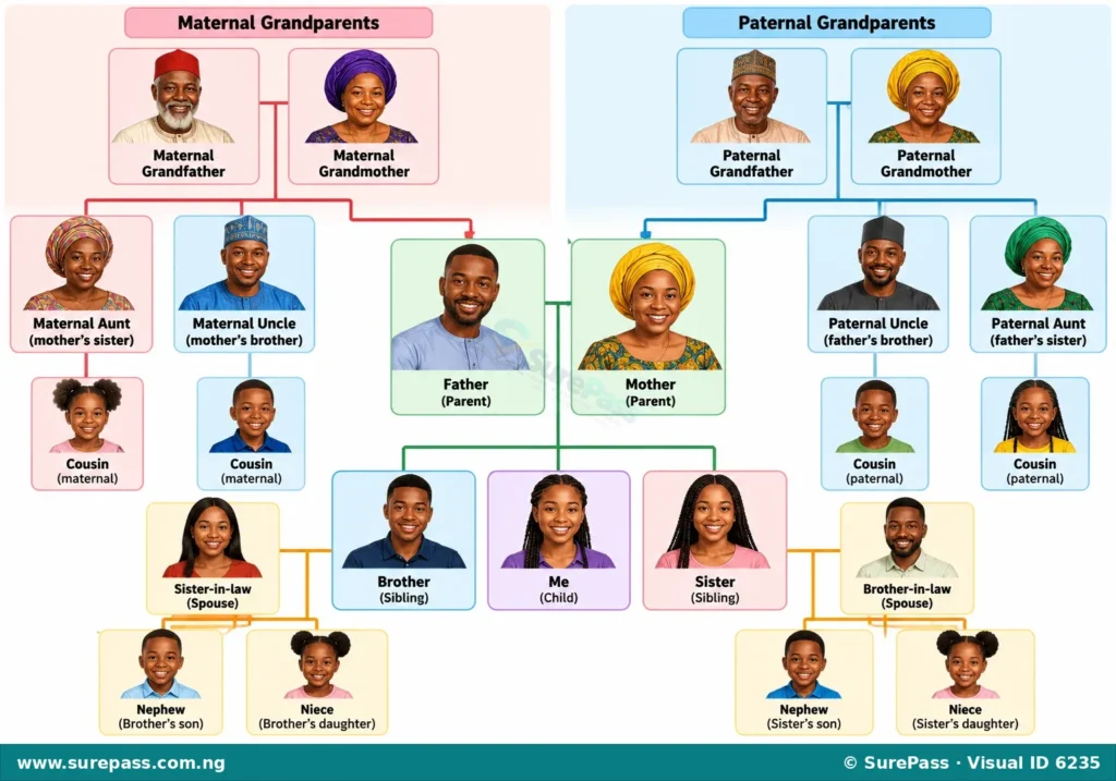 A family tree diagram illustrating relationships like parent, sibling, spouse, offspring, ancestor, descendant, nephew, niece, cousin, and in-laws.