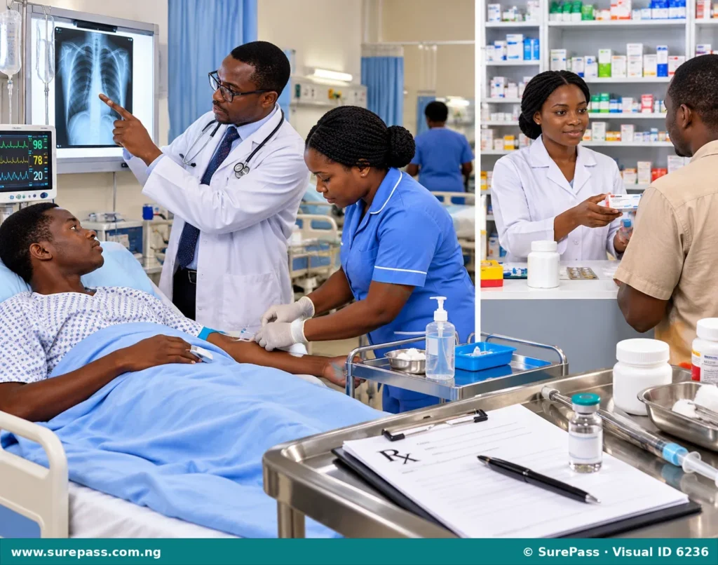 A medical scene with a doctor, nurse, pharmacist, and patient, illustrating medical terms like diagnosis, prescription, vaccine, and therapy.