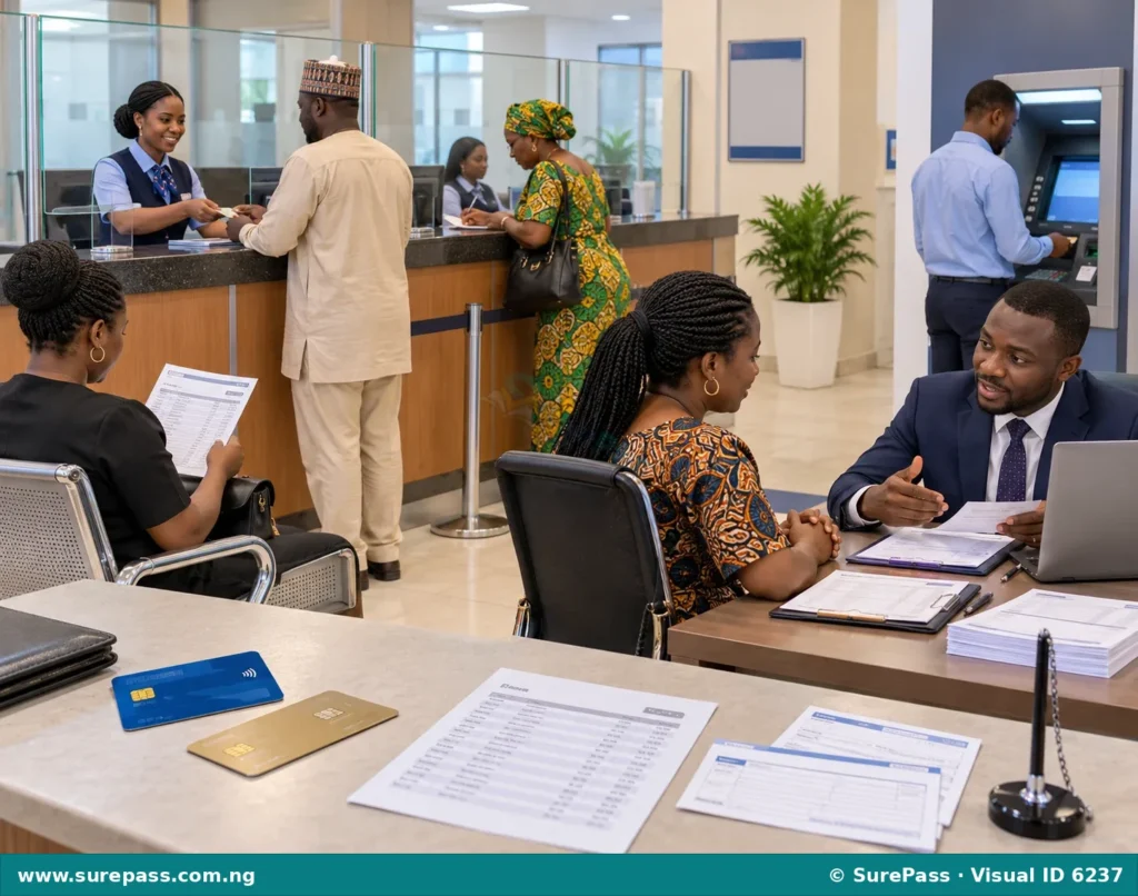 A bank scene with a teller, ATM, bank officer, and customers, illustrating banking terms like account, deposit, withdrawal, loan, and interest.