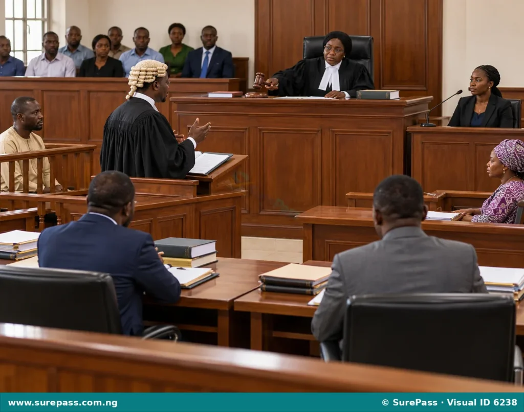 A courtroom scene with a judge, barristers, defendant, plaintiff, and jury, illustrating legal terms like verdict, testimony, and evidence.