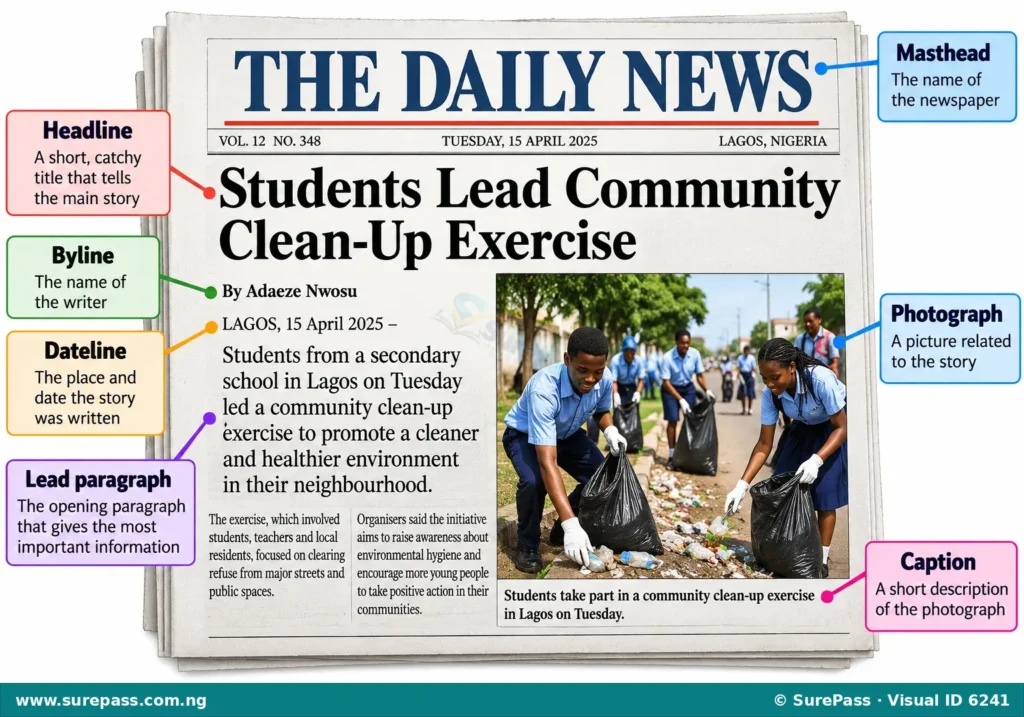 Diagram showing a newspaper front page with labels for headline, byline, dateline, lead, caption, and masthead.