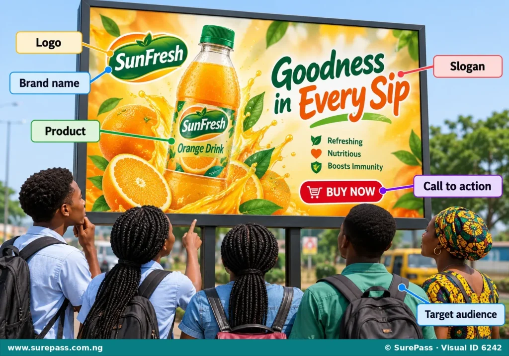 An advertisement visual with labels for slogan, logo, brand, and call to action.