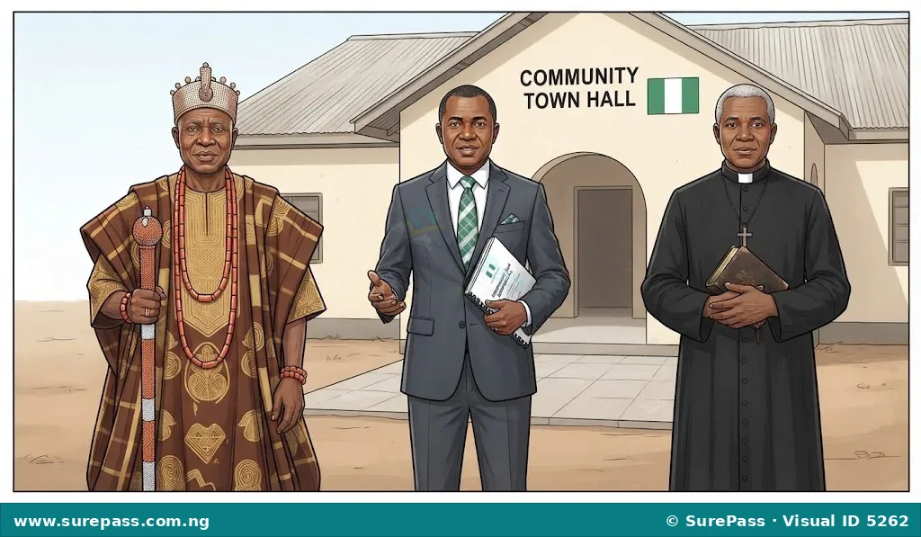 An illustration of traditional, political, and religious leaders in Nigeria standing together.