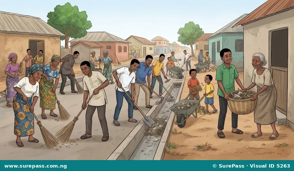 Community members working together during an environmental sanitation exercise.