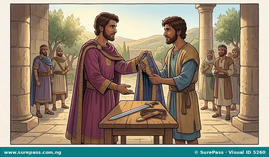 Jonathan giving his robe and sword to David.
