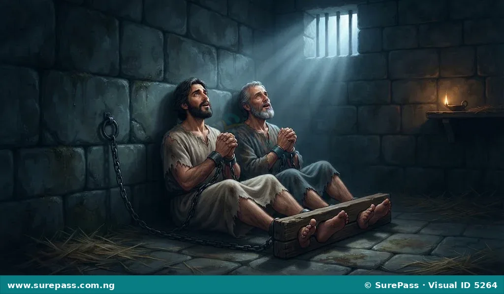 Paul and Silas praying and singing praises in a dark prison cell.