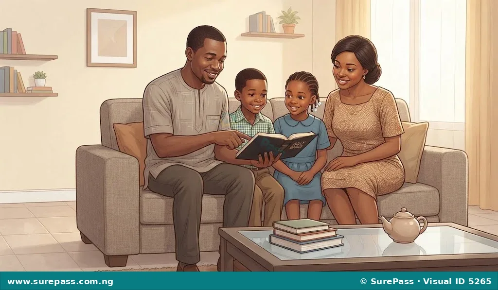 A Nigerian family reading the Holy Bible together at home.