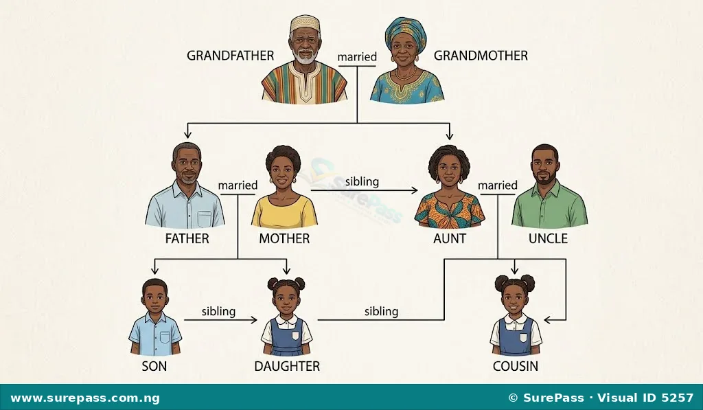 A diagram of a family tree showing connections between grandparents, parents, uncles, aunts, and children.