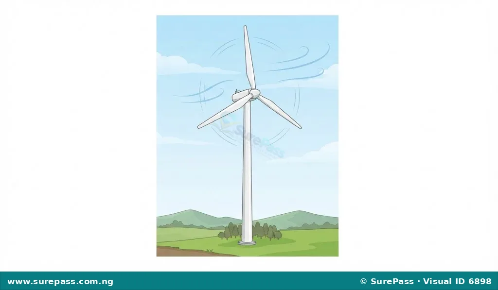 A tall wind turbine with three large blades rotating, generating electricity from wind.