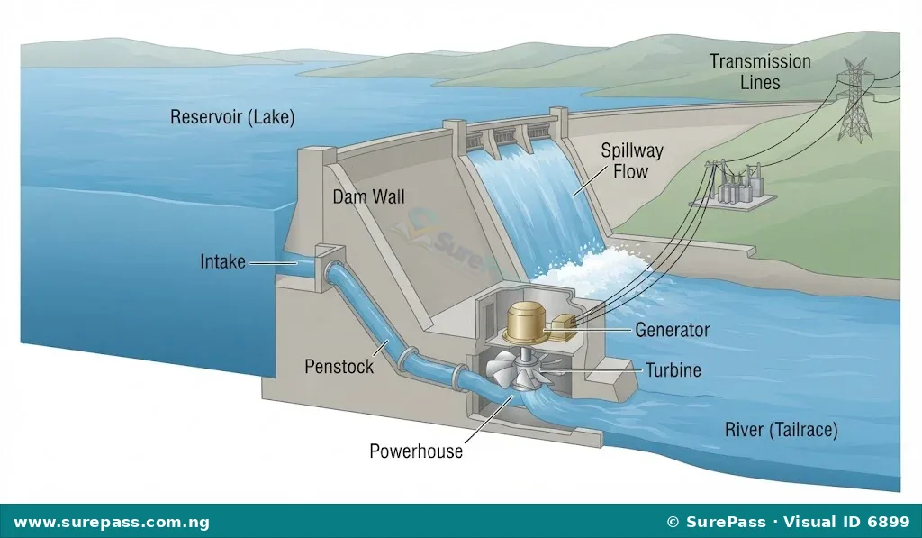 A large hydroelectric dam with water flowing through it, generating power.
