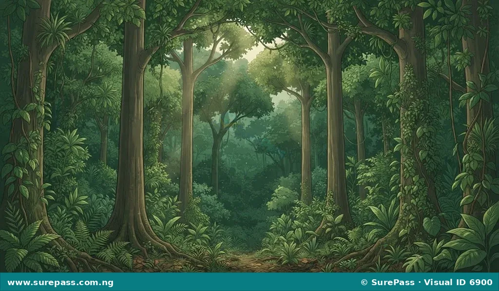 A dense, green tropical forest with many tall trees.