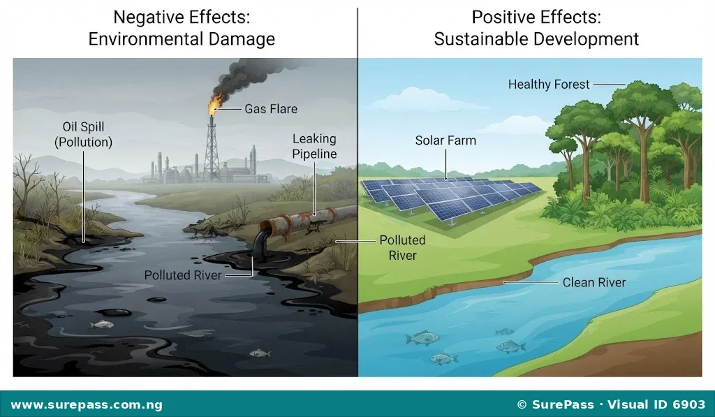 A visual contrasting the negative effects of resource use, like oil pollution, with positive effects like clean energy from solar farms.