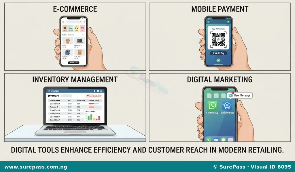 Collage of digital technologies in retail, including e-commerce on a phone, mobile payment, inventory software on a laptop, and social media marketing.