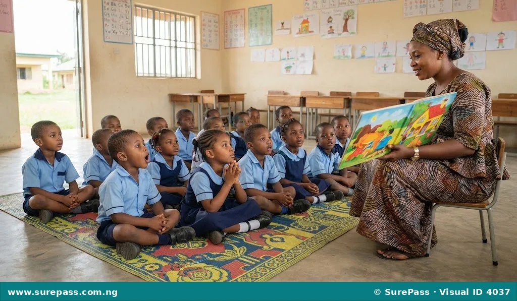 Children in a classroom listening to an adult read a story from a large picture book.