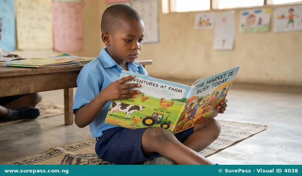A young child reading a picture book with colourful illustrations.