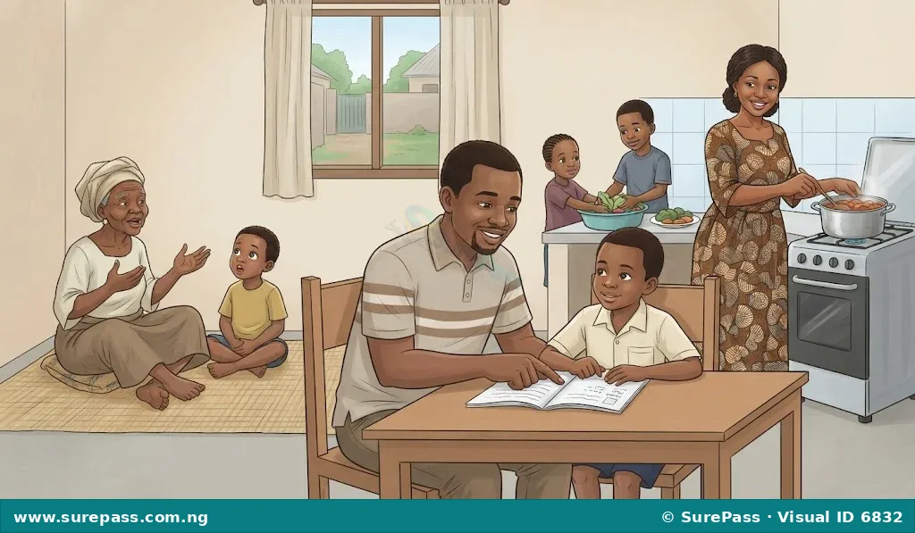 A Nigerian family showing love and cooperation, with parents, children, and a grandparent engaged in various activities.