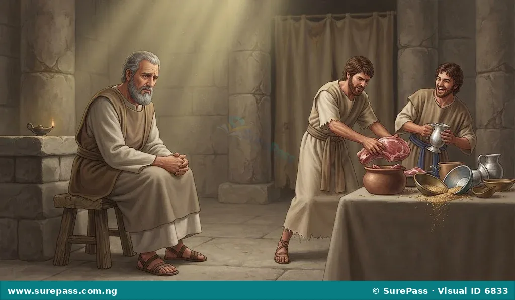 Eli, the high priest, looking troubled while his sons, Hophni and Phinehas, are shown misbehaving in the temple, illustrating the consequences of neglected responsibilities.